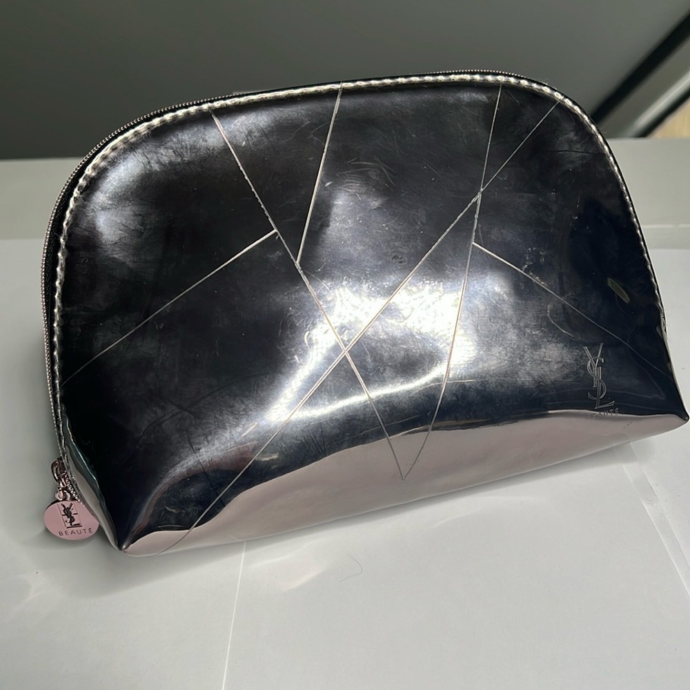 YSL Yves Saint Laurent Makeup Zip Around Pouch Clutch Rosegold Pewter Metallic